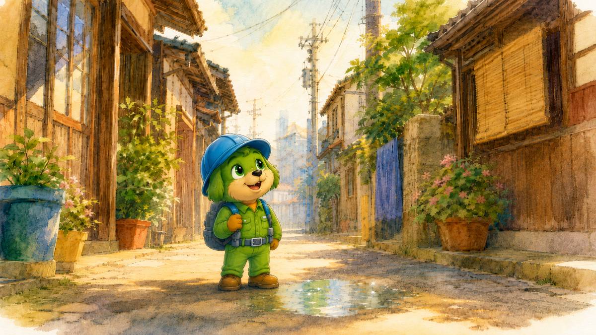 朝の路地で水のにおいをかぐ子犬のすいけん君