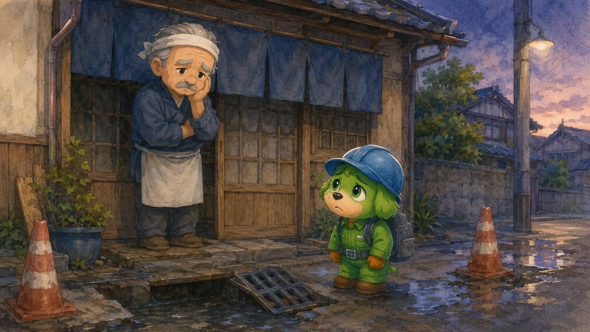 静かになった食堂の前で、店主とすいけん君がしょんぼりしている