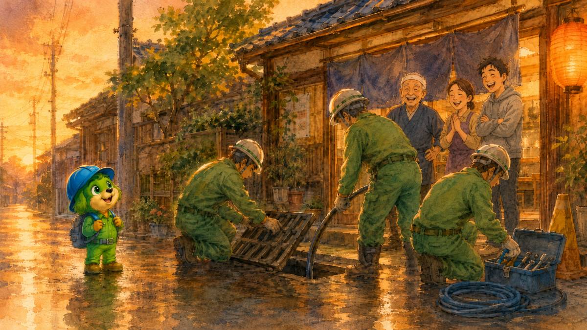 夕方の食堂の前で作業する職人たちと、見つめるすいけん君