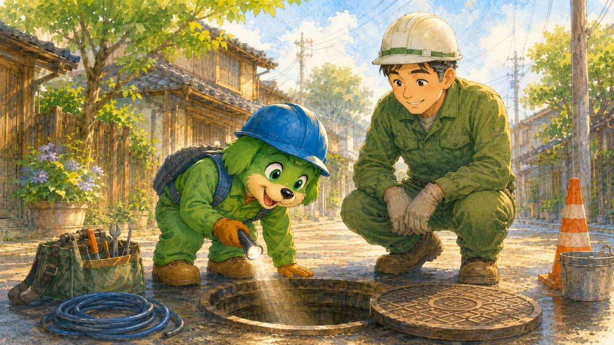 点検ライトでマンホールをのぞきこむすいけん君と先輩
