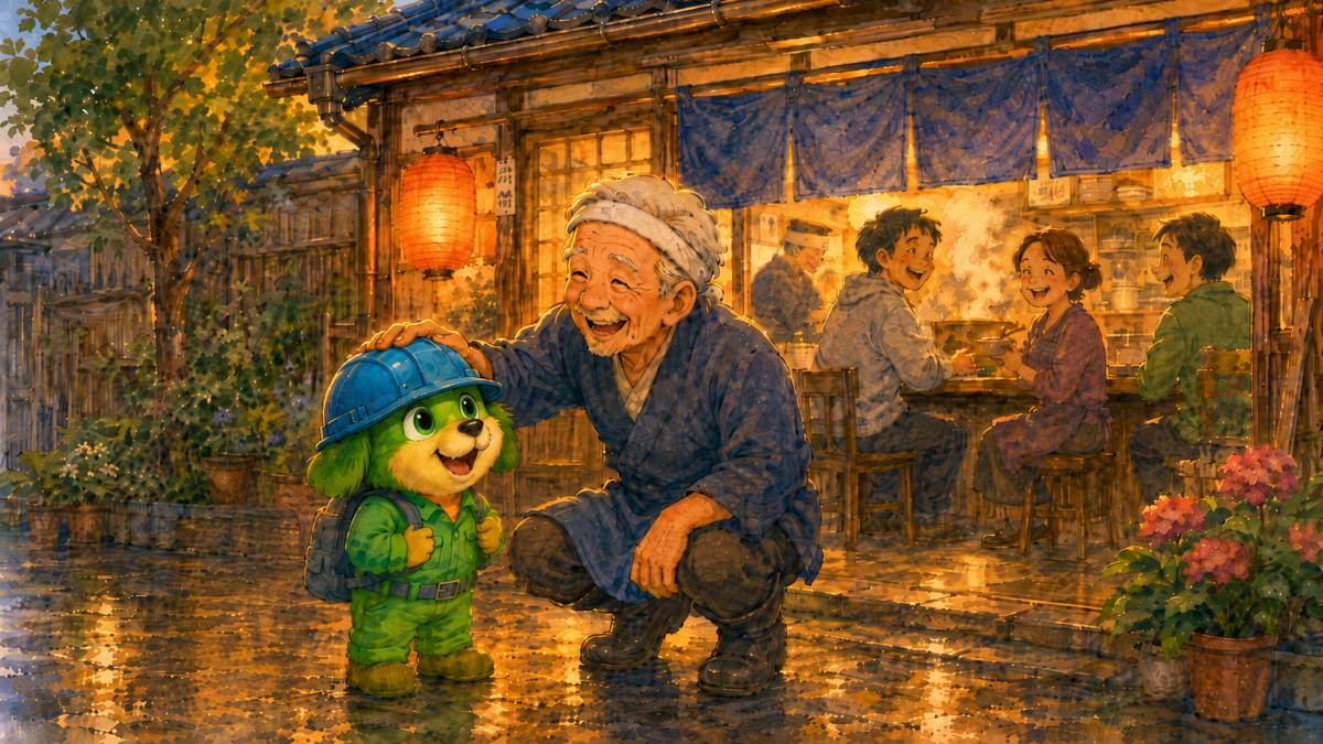 店主に頭をなでられてよろこぶすいけん君