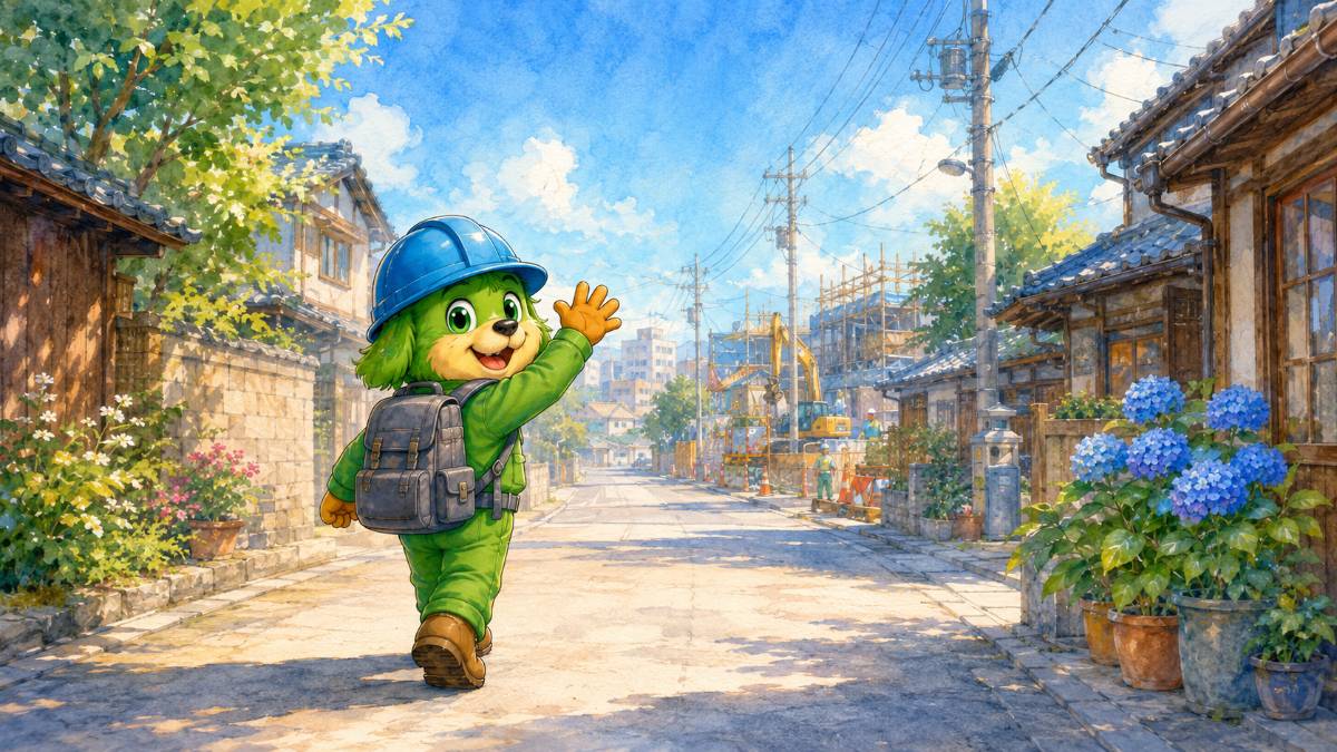 手をふりながら現場へ歩き出すすいけん君